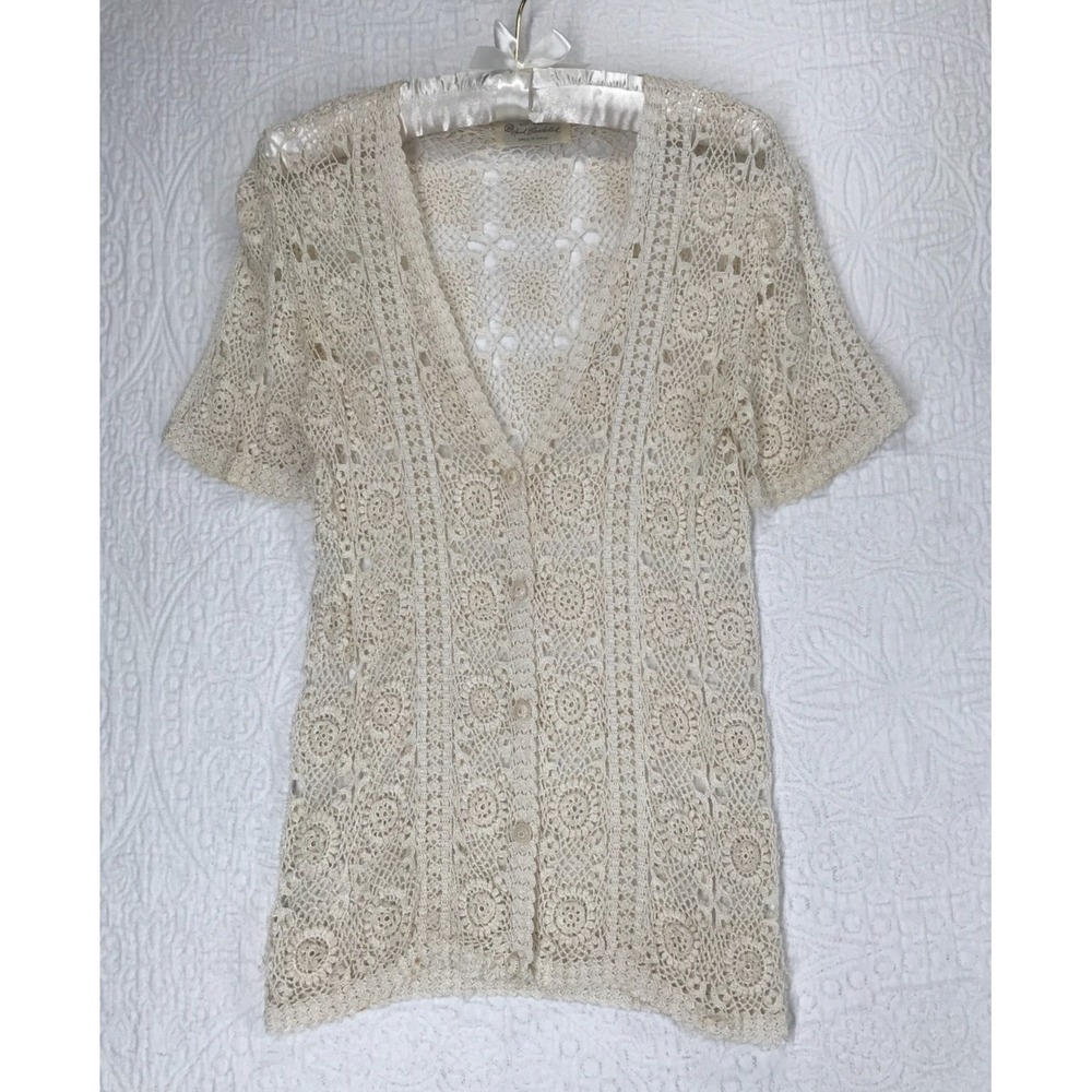 Vintage Hand Crocheted Lace Sweater Size M Short Sleeve Button Up Ivory